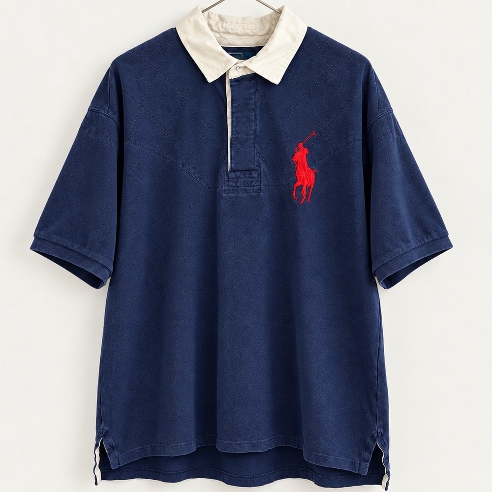 Polo Ralph Lauren Rugby Shirt Mens 2XB Navy Blue Short Sleeve Big Pony Quilted